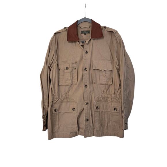 J.L. Powell Khaki Safari Cargo Leather Collar Cotton Tan Jacket, Men's Medium - Picture 1 of 12